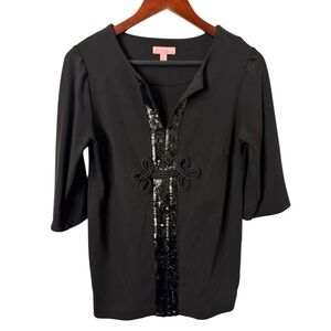 Lilly Pulitzer Women’s Size 8 Black Tunic Top 3/4 Sleeve Sequin Embellished